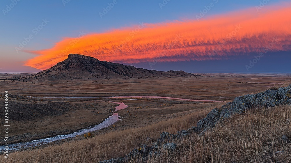 Obraz premium Sunset, prairie, butte, river, clouds, autumn, landscape, Montana, panorama, travel