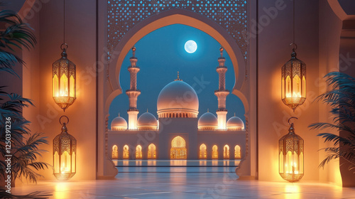 Majestic Islamic Architecture Illuminated by Ramadan Lanterns photo