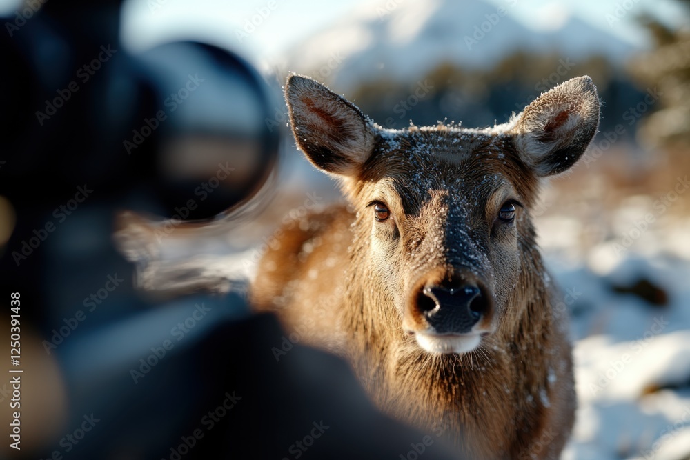 Fototapeta premium A curious deer gazes into the camera lens, surrounded by snow, capturing a moment of wildlife connection in a serene winter landscape that enchants viewers.