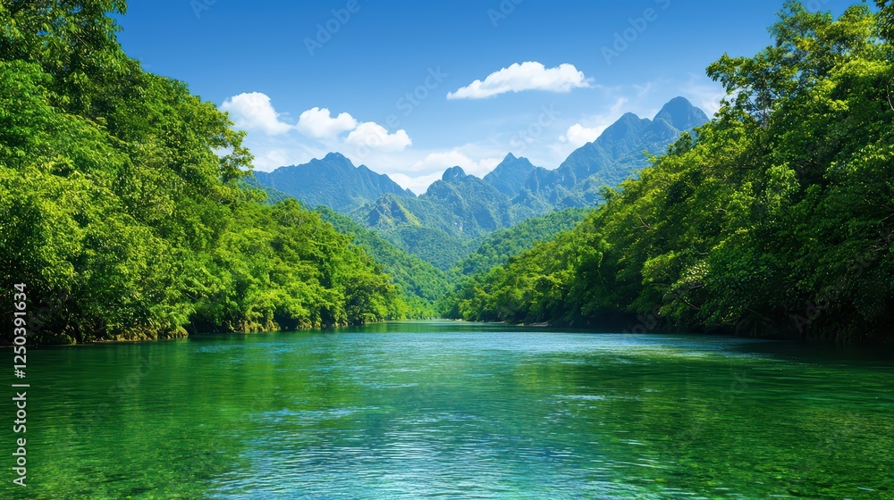 Serene River Scene Surrounded by Lush Green Forest and Mountains Serene River Scene Surrounded by Lush Green Forest and Mountains