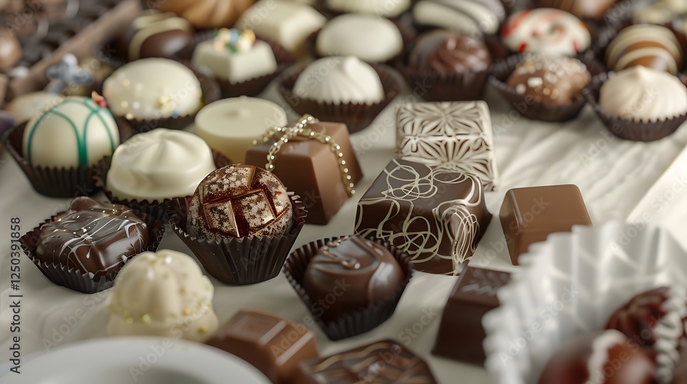 A festive holiday table adorned with assorted chocolates in elegant wrappers, arranged as a centerpiece for a celebratory dinner. A festive holiday table adorned with assorted chocolates in elegant wrappers, arranged as a centerpiece for a celebratory dinner.