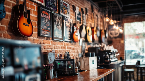 Guitars, posters and coffee shop interior.