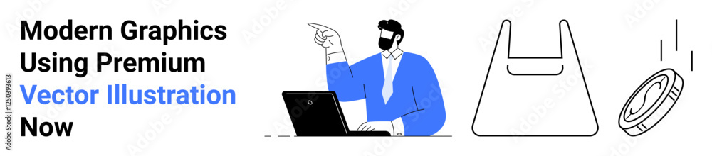 Man using laptop and pointing, outlined shopping bag, falling coin. Ideal for e-commerce, digital technology, shopping, finance, business strategies, online platforms flat landing page banner Man using laptop and pointing, outlined shopping bag, falling coin. Ideal for e-commerce, digital technology, shopping, finance, business strategies, online platforms flat landing page banner