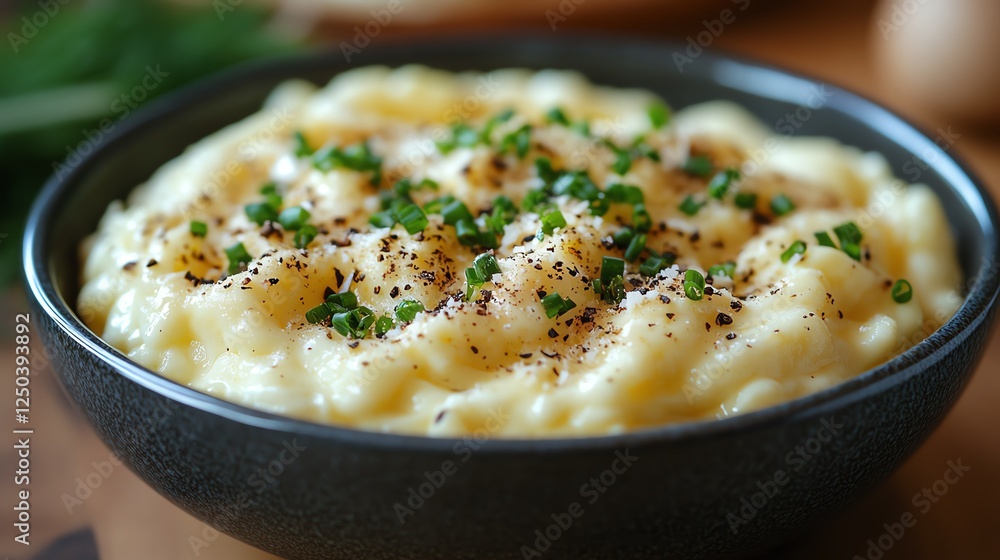 A bowl of creamy mashed potatoes topped with fresh herbs, showcasing a delicious, homemade comfort food perfect for any meal or gathering. A bowl of creamy mashed potatoes topped with fresh herbs, showcasing a delicious, homemade comfort food perfect for any meal or gathering.