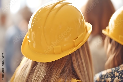 Yellow hard hats, construction workers, indoor meeting