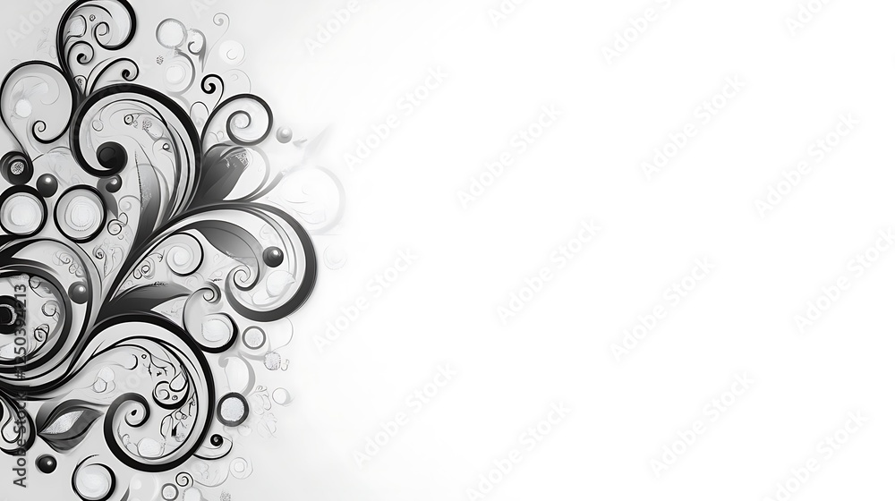 Elegant grayscale floral design with swirls and circles Elegant grayscale floral design with swirls and circles