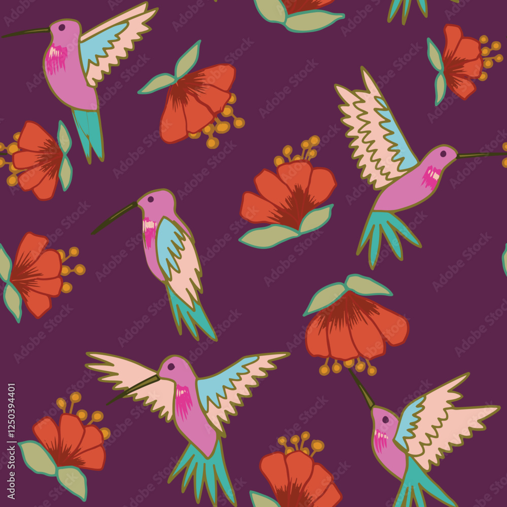 Fototapeta premium Humming birds, Seamless pattern, spring, summer, birds and flowers, pink, abstract, endless, all over print to use textile, fabric, clothing, backdrop, wallpaper, home textile, clothing, fashion