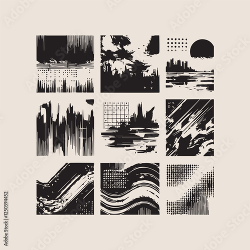 Vector abstract black and white textures set featuring distorted