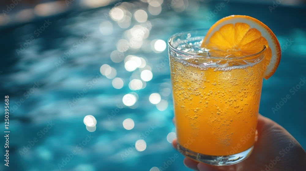 Refreshing orange beverage with ice in a glass held by a person near a sparkling pool Refreshing orange beverage with ice in a glass held by a person near a sparkling pool