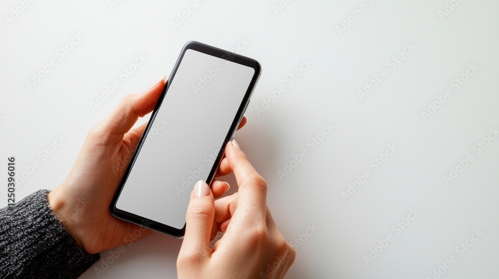 Hands holding a smartphone with a blank screen on a minimalist white background Hands holding a smartphone with a blank screen on a minimalist white background