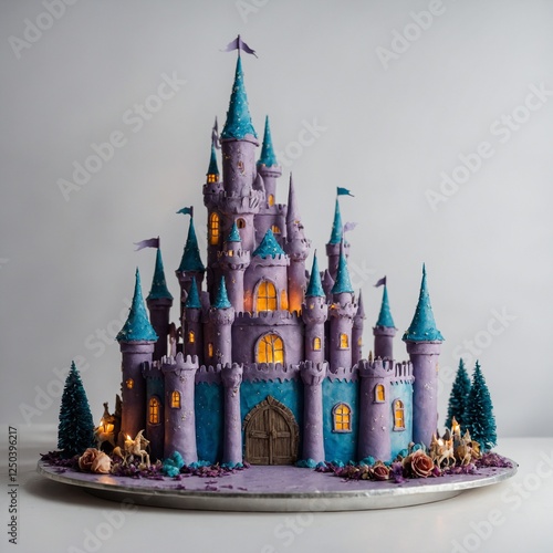 A fairytale-inspired birthday cake with enchanted castle decorations, glowing candles, and intricate piping, beautifully displayed on a white backdrop.