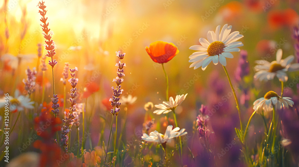 summer meadow field with wildflowers and sunrays sunlight summer meadow field with wildflowers and sunrays sunlight
