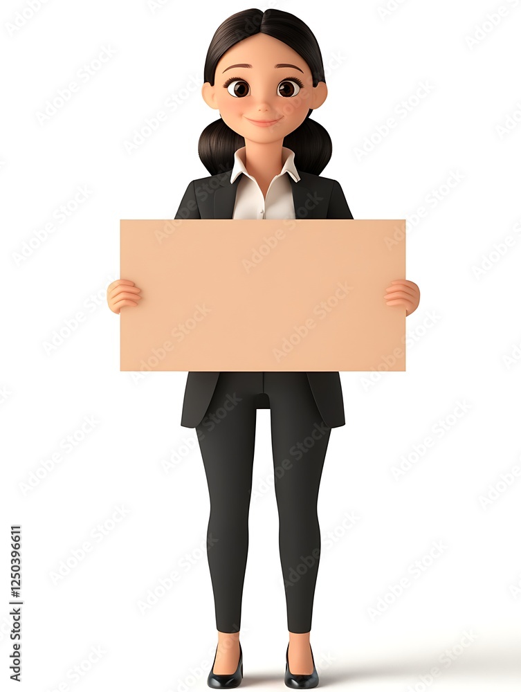 Businesswoman Holding Blank Sign: A friendly cartoon businesswoman stands confidently holding a blank sign, ready for your message. Businesswoman Holding Blank Sign: A friendly cartoon businesswoman stands confidently holding a blank sign, ready for your message.