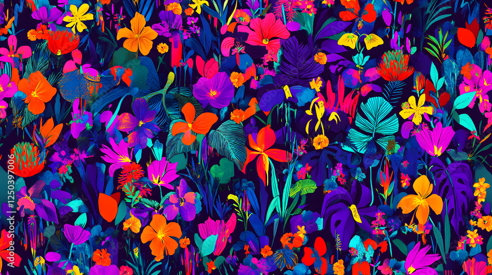 A vibrant and colorful pattern featuring tropical flowers like hibiscus, orchids, monstera leaves, and palm fronds in an exotic jungle setting, evoking the spirit of Hawaiian culture and mythology. A vibrant and colorful pattern featuring tropical flowers like hibiscus, orchids, monstera leaves, and palm fronds in an exotic jungle setting, evoking the spirit of Hawaiian culture and mythology.