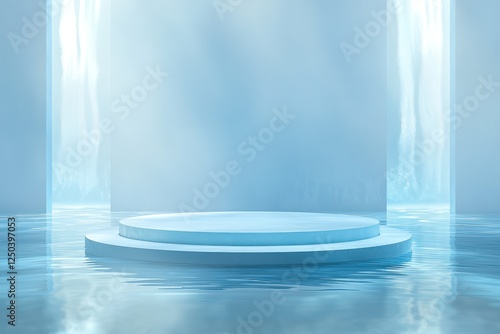 Circular podium in pastel blue casts a soft glow, enveloped by surfaces mimicking the reflective qualities of water.