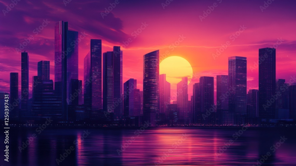 Fototapeta premium Cyberpunk cityscape silhouette at sunset with vibrant pink and purple sky