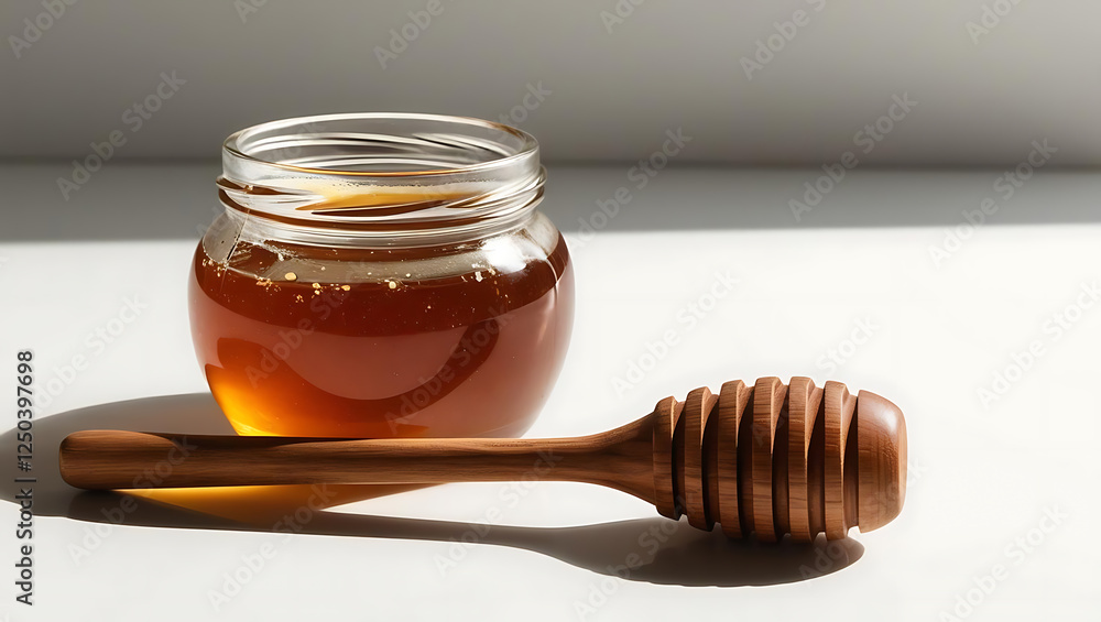 A jar of honey with a wooden dipper on a white background A jar of honey with a wooden dipper on a white background