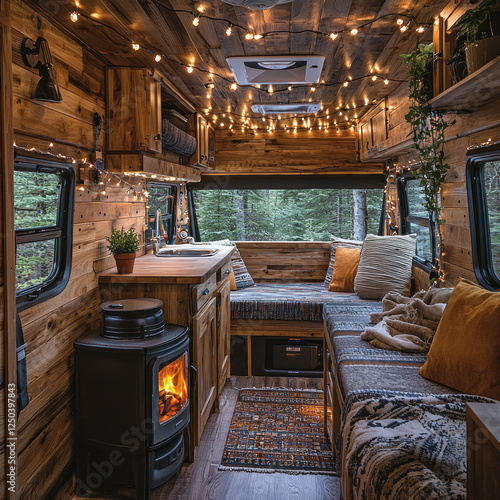 Cozy camper van interior with wood stove, forest view, and string lights