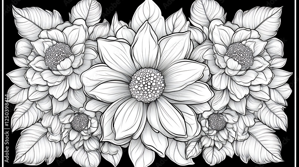 Fototapeta premium Intricate Black And White Floral Bouquet Illustration
