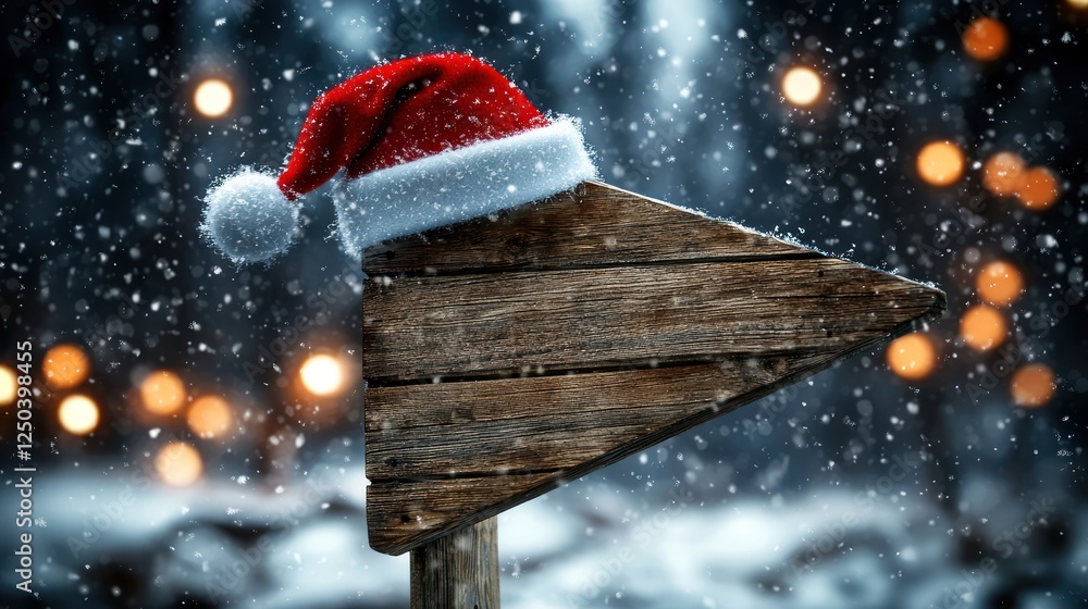 Fototapeta premium Wooden sign adorned with a festive Santa hat in a snowy landscape with twinkling lights