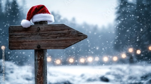 Snowy landscape with a wooden sign wearing a Santa hat, festive atmosphere with blurred lights