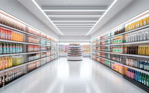 Modern supermarket interior, bright shelves, drinks display