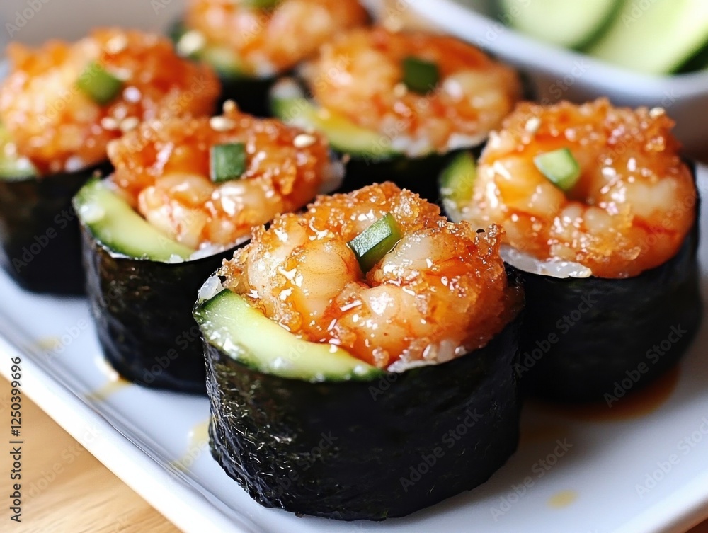 Spicy shrimp sushi rolls with cucumber and rice on a white plate Spicy shrimp sushi rolls with cucumber and rice on a white plate
