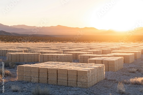 Vast desert landscape at sunset, showcasing numerous large square hay bales arranged in a grid pattern. photo