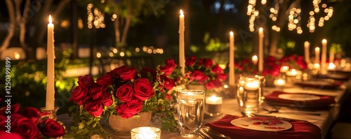 Valentine's Day Party romantic dinner setup with candles, red roses, and soft lighting in the background