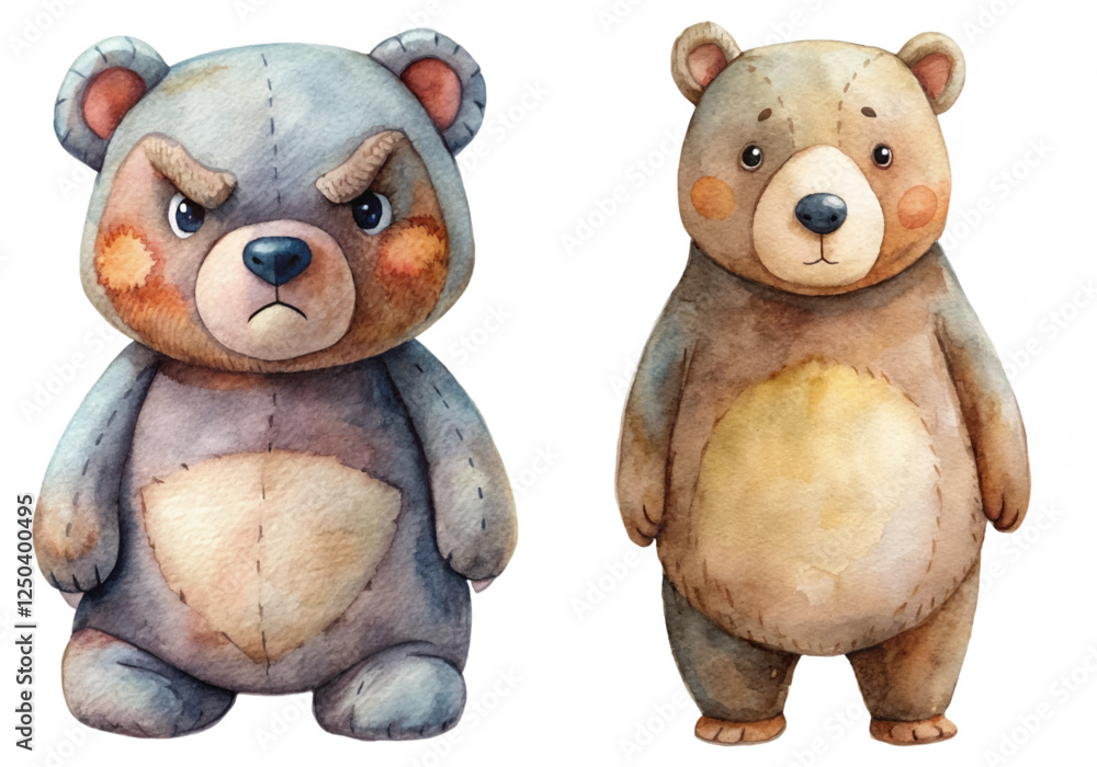 Fototapeta premium Cute cartoon bears, watercolor style, playful characters, children's illustration, animal art, friendly design.