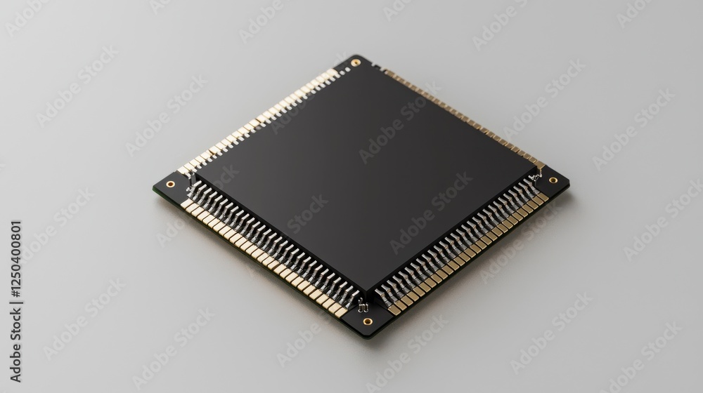 A sleek, black microchip with gold pins on edges, designed for electronic applications and computing. A sleek, black microchip with gold pins on edges, designed for electronic applications and computing.