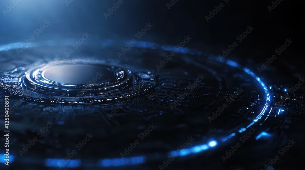 A futuristic, circular design with glowing blue elements set against a dark background, evoking a sense of technology and depth. A futuristic, circular design with glowing blue elements set against a dark background, evoking a sense of technology and depth.
