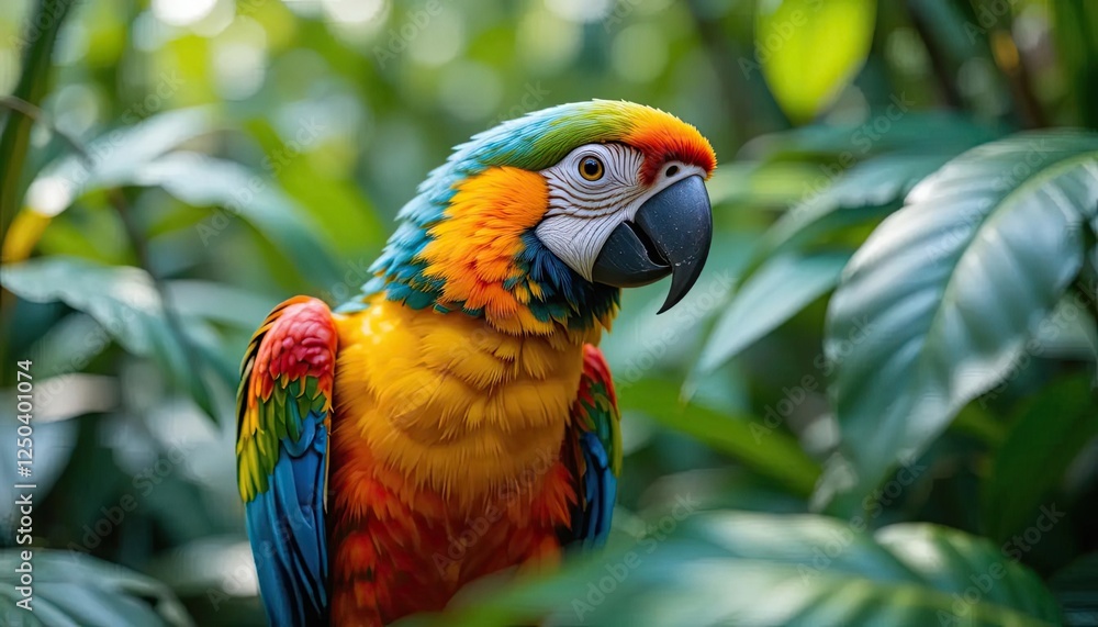 Close-up of a vibrant parrot perched amidst tropical foliage, displaying its vivid colors in a lush natural setting.
Close-up of a vibrant parrot perched amidst tropical foliage, displaying its vivid colors in a lush natural setting.
