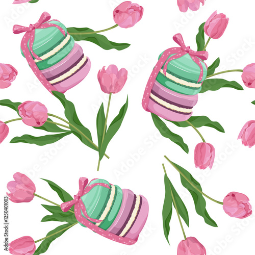 Different tastes and colors macaroons tied with a bow and tulips on a white background. Seamless vector illustration. For decoration textile, packaging.