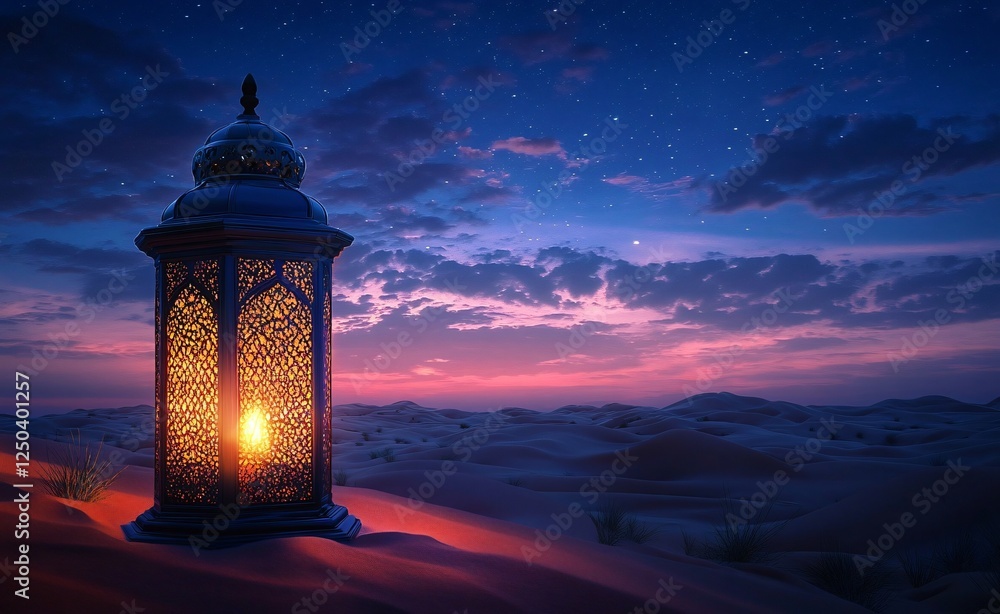 A stunning lantern glowing softly in a tranquil desert landscape at twilight, perfect for Ramadan designs, spiritual themes, and serene night photography. A stunning lantern glowing softly in a tranquil desert landscape at twilight, perfect for Ramadan designs, spiritual themes, and serene night photography.