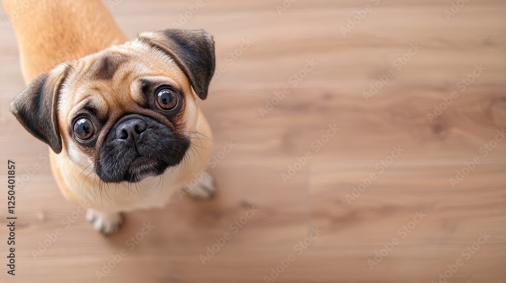Obraz premium A curious pug gazes up with big eyes, sitting on a wooden floor, exuding charm and playfulness.