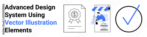 Certificate with ribbon seal, professional designing an online storefront, large checkmark signifying approval. Ideal for business validation, e-commerce, certification, quality assurance, online