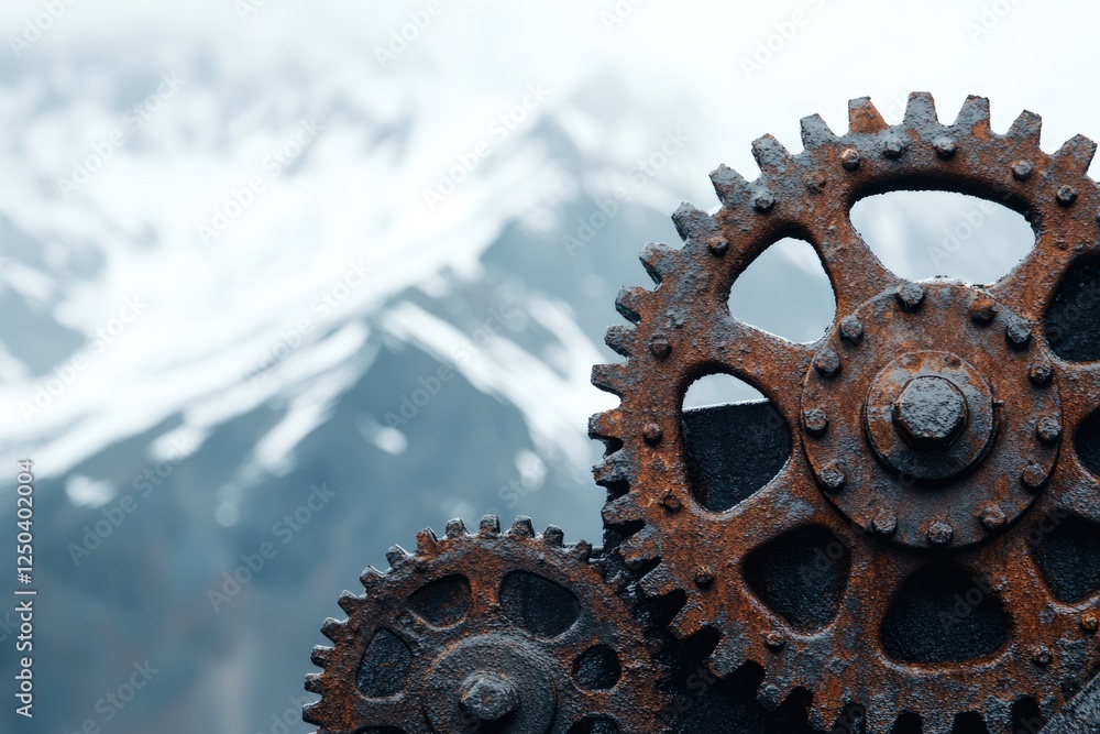 Rusty gears interlock against a blurred backdrop of snow-capped mountains.