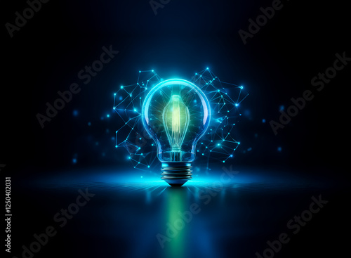 Illuminated lightbulb glows blue in the dark.  Connected points of light suggest innovation and ideas.  Bright and conceptual design.