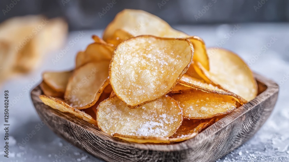 A close-up of golden, crispy potato chips in a wooden bowl, garnished lightly with salt, ready for snacking. A close-up of golden, crispy potato chips in a wooden bowl, garnished lightly with salt, ready for snacking.
