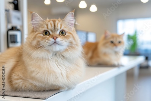 Two fluffy ginger cats are seen atop a sleek modern surface, one looking directly at the camera while the other rests peacefully in the background of a cozy scene. photo