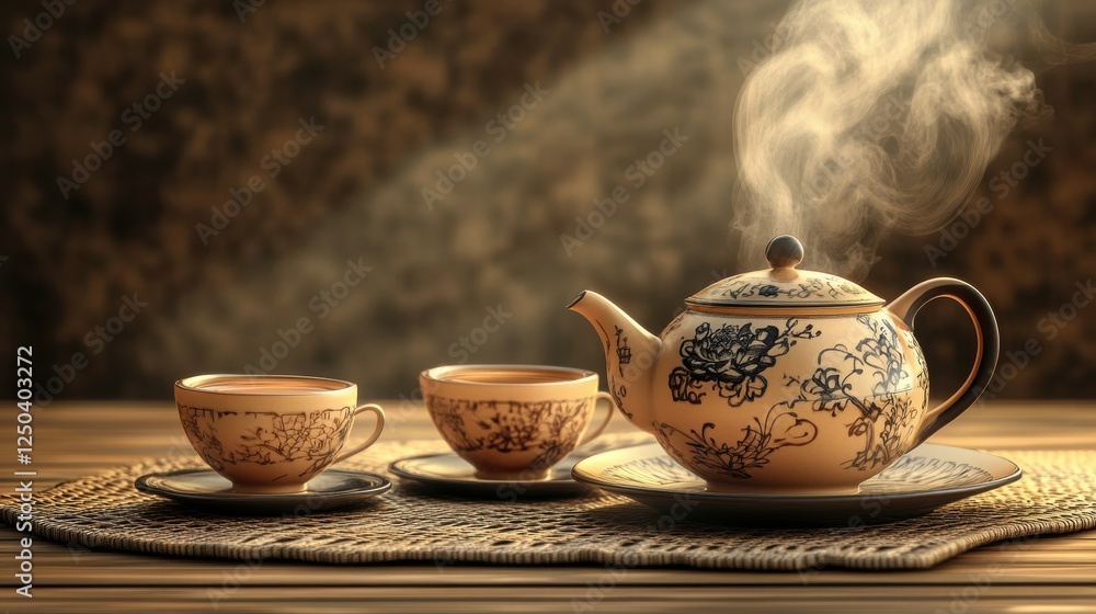 Fototapeta premium Steaming Traditional Tea Set with Elegant Cups on Rustic Wooden Surface