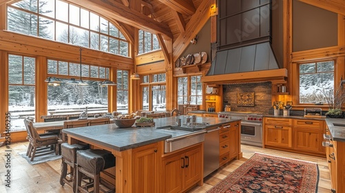 Inviting rustic kitchen with winter wonderland view and wooden architecture