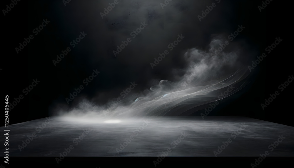 Fototapeta premium A dimly lit room with a dramatic smoke effect, creating an ethereal and atmospheric scene with a modern minimalist tone..