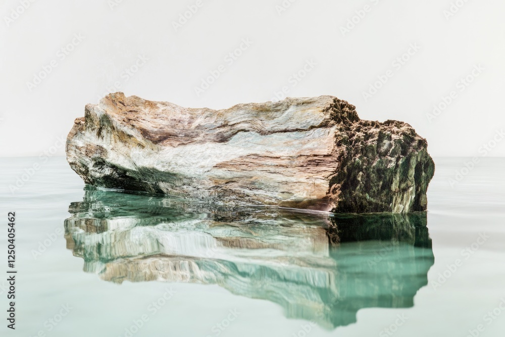 Fototapeta premium A weathered rock formation partially submerged in calm, clear water, creating a serene reflection.