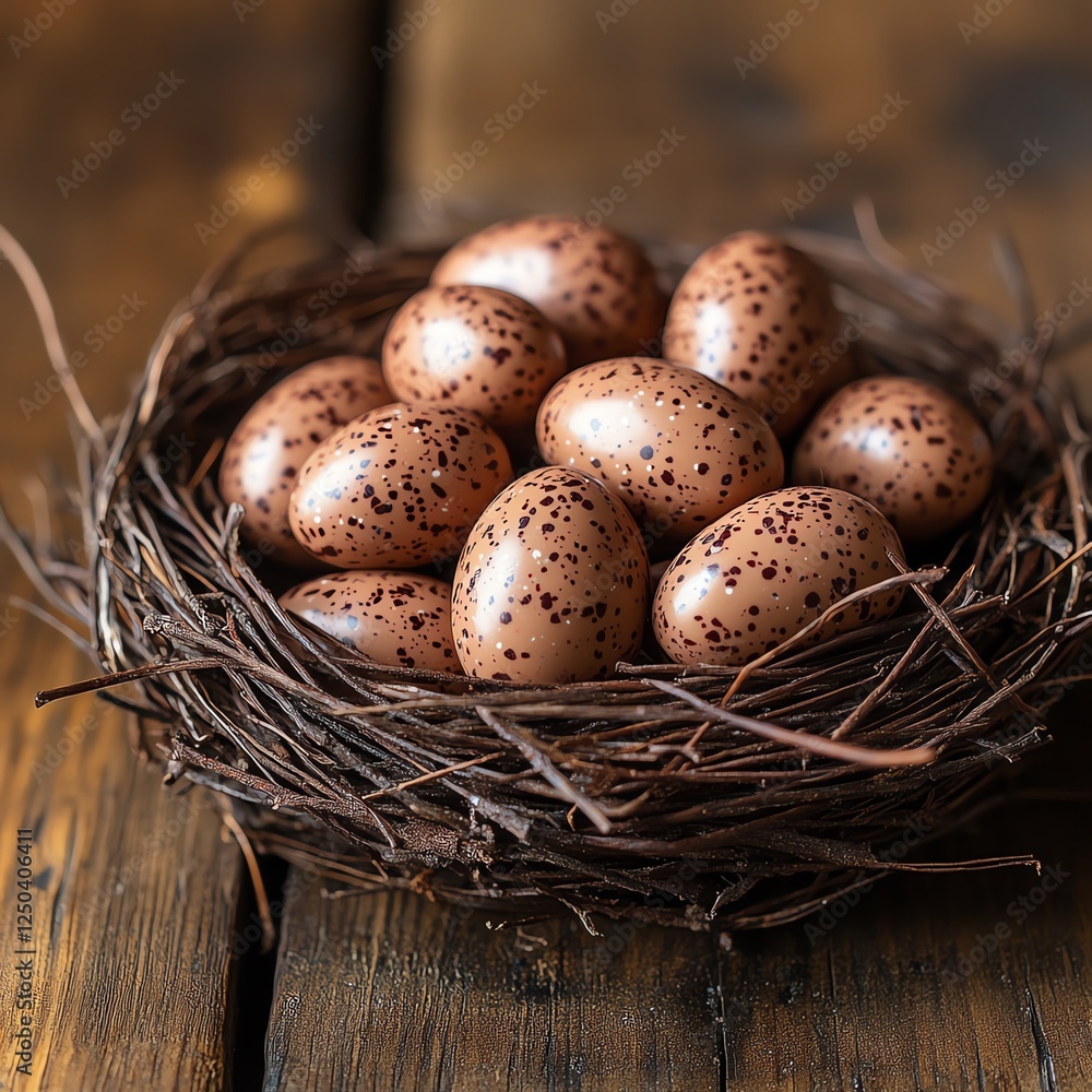 A nest filled with speckled eggs rests on a wooden surface, showcasing a rustic and natural aesthetic. A nest filled with speckled eggs rests on a wooden surface, showcasing a rustic and natural aesthetic.