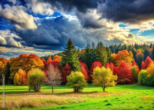 Serene Little Forest Bordering Grass Field on Cloudy Day - Stock Photo