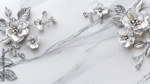 Elegant Silver Floral Ornaments on Marble Background