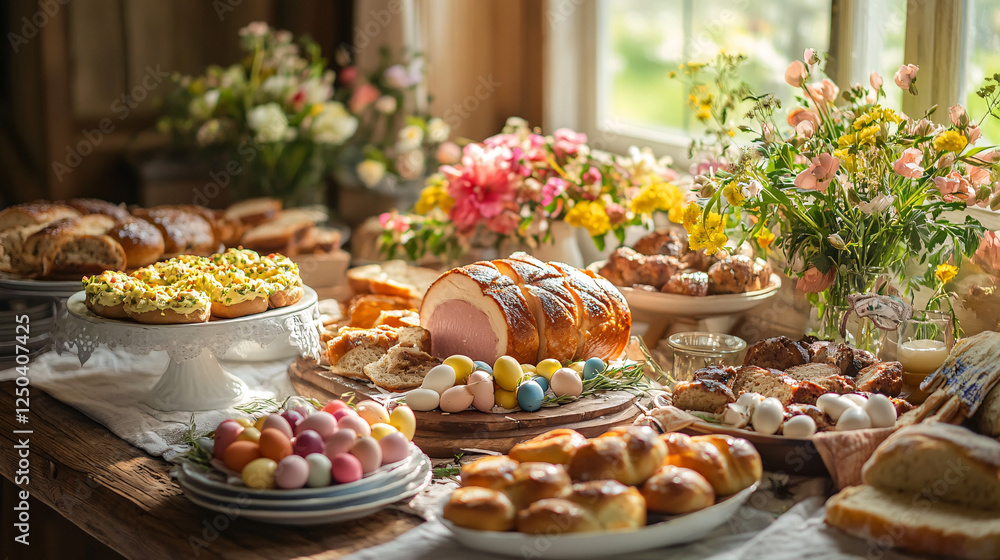 easter table setting with ham, eggs, and spring flowers easter table setting with ham, eggs, and spring flowers