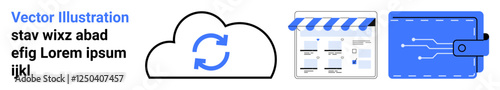 Cloud with synchronization symbol, online shopping platform interface with storefront design, and a digital wallet featuring a circuit pattern. Ideal for tech solutions, e-commerce, financial